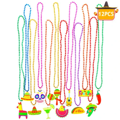EOBOH Cinco de Mayo Party Favors, 12PCS Fiesta Necklace Bead Favors, Mexican Metallic 12 Kinds of Cinco de Mayo Necklace Decorations, Fiesta Cactus Maracas Accessories for Mexican Carnival Party Supplies