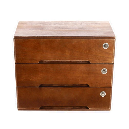 HaoYunNe Desk Organizer with Drawers Lockable Wooden Desktop Storage Box File Cabinet Organizer for Office Supplies Paper Jewelry Dresser Kitchen Counter (Brown, 3 Tiers)