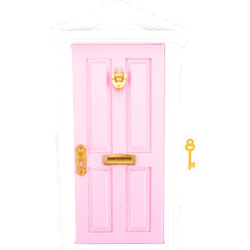 Yardwe Mini Wooden Fairy Door with Spire Design, 1:12 Scale Dollhouse Accessories for Decoration, Pink Door with Key for Christmas, Birthday, Wedding, and Fairy Party