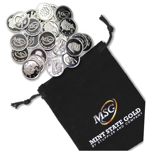 MINT STATE GOLD Twenty-Five (25) One Gram .999 Pure Silver Rounds with Random Designs in a Jewelry Pouch by Mint State Gold