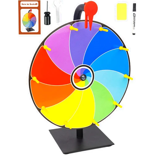 JstFrU 12 Inch Heavy Duty Spinning Prize Wheel - 10 Slots Color Tabletop Roulette Spinner of Fortune, with Dry Erase Marker and Eraser for Trade Show, Carnival, Win Fortune Spin Games,Multiple Colors