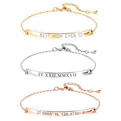 MignonandMignon Gold Name Bar Engraved Bracelet Personalized Mother's Day Gift for Women Handmade Friendship Anniversary Bridesmaid Wedding Jewelry Birthday Graduation -12BR