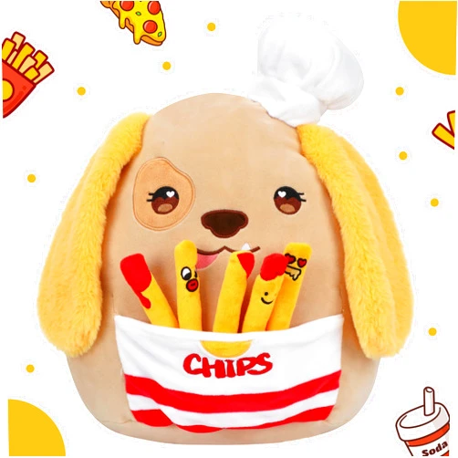 Hopearl Cute Chef Dog Plush Toy with Chips, Adorable Pillow Stuffed Animal, Smooth Plushies Pillow Gift, Soft Toy for Kids