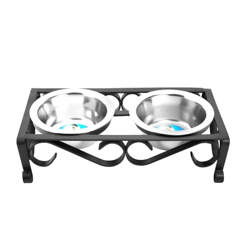 Indipets Wrought Iron Elevated Feeder with Two Stainless Steel Bowls for Dogs and Cats, Raised Bowls for pet, Heavy Duty Stainless Steel Bowls with Iron Stand (Small)