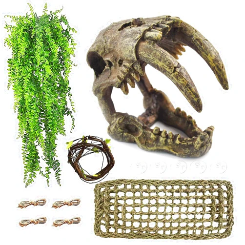 MUYG Resin Skull Habitat Hideout Cave Decor Reptile Hammock Lizard Lounger Bearded Dragon Tank Accessories Reptiles Hanging Vine Bendable Jungle Climbing Plant Terrarium Decoration(4PCS)