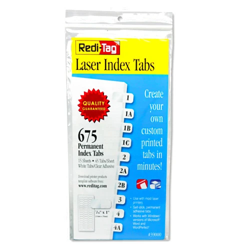 Redi-Tag 39000 Laser Printable Index Tabs 7/16 x 1 White 675/Pack