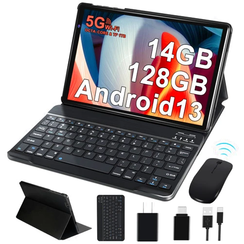 FACETEL Tablet 10 inch Android 13 Tablets with 14GB RAM 128GB ROM, Octa-Core 2.0 GHz, 8000mAh Battery, 5G WiFi, Bluetooth 5.0, HD IPS Touchscreen, 5+8MP Camera Tablet with Keyboard Mouse Case, Black