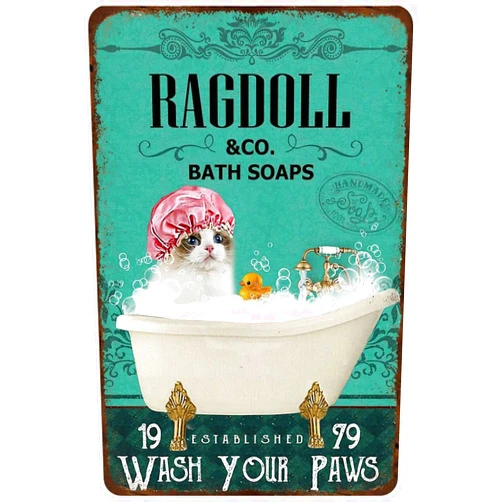 WeasvaL Ragdoll Bath Soap Company Wash Your Paws Vintage Metal Sign Tin Sign for Bedroom Living Room Classroom 8 x 12 Inch