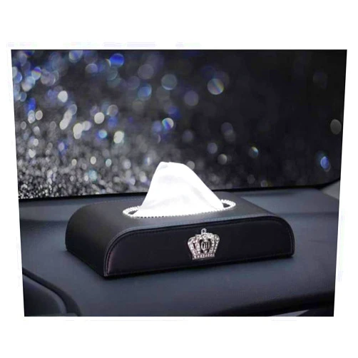 Siyibb Leather Car Napkin Holder Tissue Box with Crystal Crown for Car Dashboard