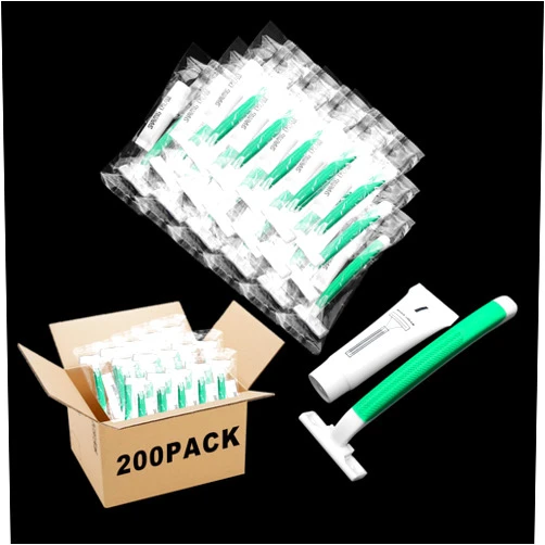 Skourvut Disposable Razors in Bulk,Green Razors Individually Wrapped Bulk,Twin Blade Razors with Clear Safety Cap and Shaving Cream, Razors For Homeless, Hotel,Air Bnb,Shelter/Homeless/Travel (200)