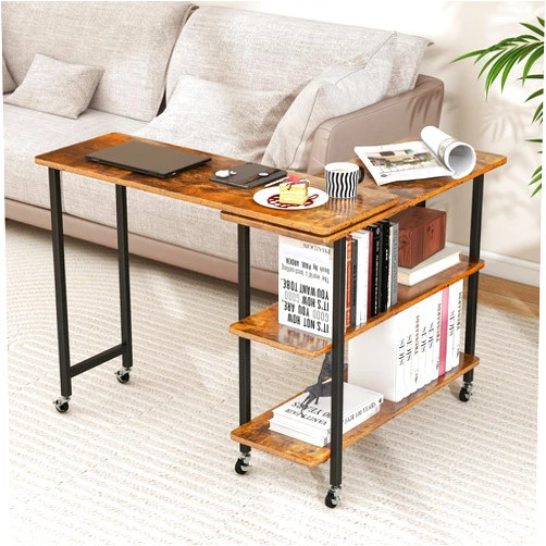 Giantex 360° Free Rotating Sofa Side Table, Mobile L-Shaped Laptop Desk with Sturdy Metal Frame, 6 Universal Casters, Movable Couch Snack Table with 2-Tier Storage Shelf for Home (Brown)