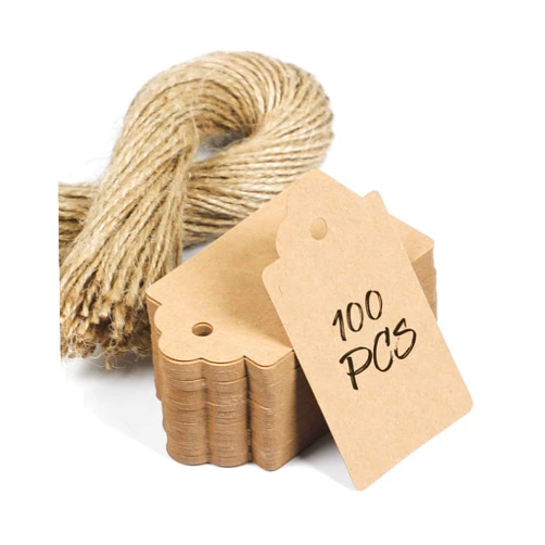 Uniclife 100 Pcs Kraft Paper Tags with String Writable Brown Price Tags with Jute Twine Hang Tags for DIY Crafts Clothing Christmas Wedding Birthday Blank Merchandise Marking Tags, 2.76