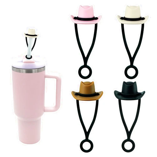 Acoinel 3 PCS Silicoce Straw Covers Cap Compatible with Stanley Cups 30&40 0z 10mm Cute Cow Girl Cowboy Hats Toppers for Tumblers