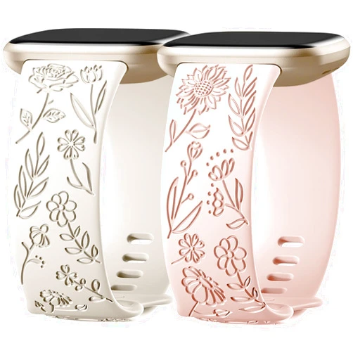 SNBLK 2 Pack Engraved Bands Only Compatible with Fitbit Versa 3/Fitbit Sense/Fitbit Versa 4/Fitbit Sense 2 Bands Four Models, Sunflower Rose Elegant Soft TPU Floral Pattern Replacement Strap for Women
