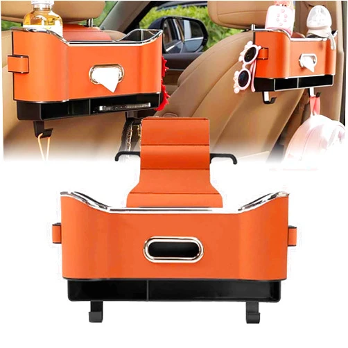 Luizaro Multifunctional Car Seat Back Storage Box, Car Backseat Organizer Bag, Universal Car Tissue Organizer with 2 Drink Cup Holder, Headrest Hooks for Family Kids, Road Trips & Travel(Orange)