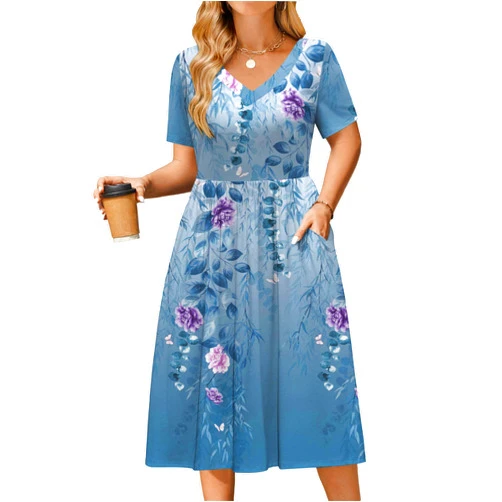 IN'VOLAND Women Plus Size Casual Dress Short Sleeve Vneck Summer Midi Dresses Aline Loose Sundress with Pockets
