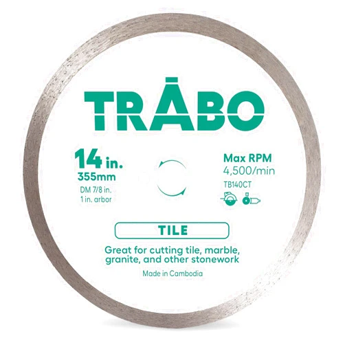 Trabo 14 Inch Tile Continuous Rim Diamond Metal Bond Blade for Cutting Granite, Ceramic, Porcelain, Quartz, and More with 7/8 Inch Arbor with 5/8 Inch Reducer Ring