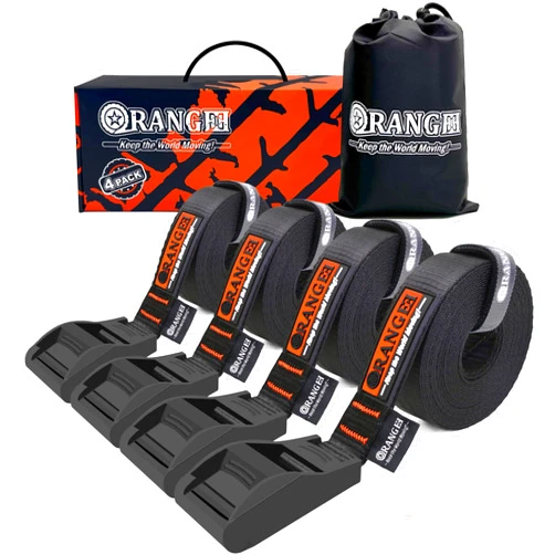 ORANGEE® 4 Pack 'No Scratch' Cam Buckle Tie Down Strap for Surfboards, Kayaks, SUP Paddleboards, Canoes, Snowboards - 15FT Long & Silicone Protective Cover On Buckle (1,100LB Break Strength Per Strap)