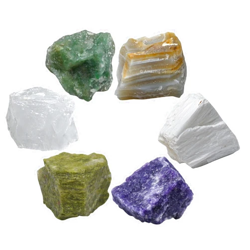 Amazing Gemstone Crystals for Emotional Trauma Manifestation, Set of 6 Lepidolite, Green Aventurine, Scolecite, Vesuvianite, Lace Agate and Clear Quartz Healing Crystals and Stones