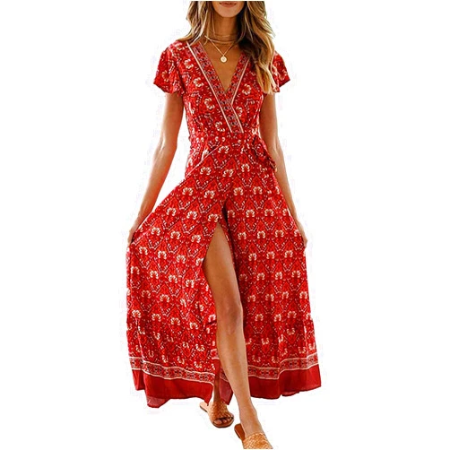 ZESICA Women's 2024 Bohemian Floral Printed Wrap V Neck Short Sleeve Split Beach Party Maxi Dress