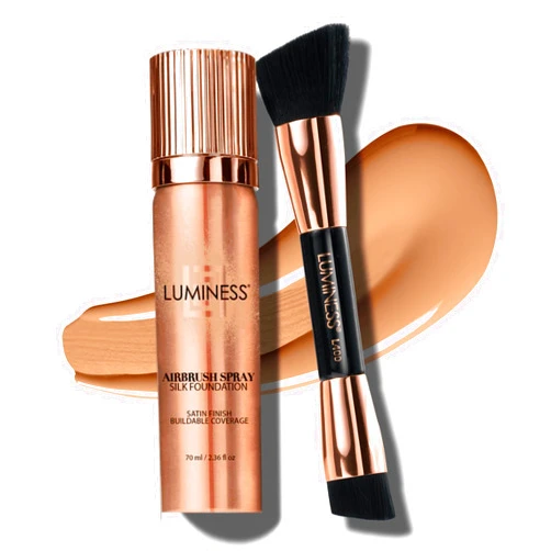 LUMINESS Silk Airbrush Spray Foundation & Buffing Brush Kit – Full Coverage Foundation & Dual-Sided Buffing Brush - Buildable Coverage, Anti-Aging Formula Hydrates & Moisturizes (Shade - Light Warm)