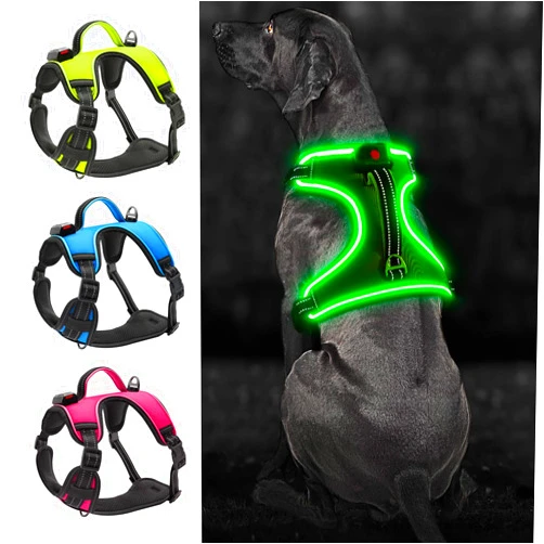 Bpawser Light Up Dog Harness No-Pull LED Dog Harness with Handle Rechargeable Lighted Dog Vest Harness Dog Harness for X-Small/Small/Medium/Large/X-Large Size (Green, M)