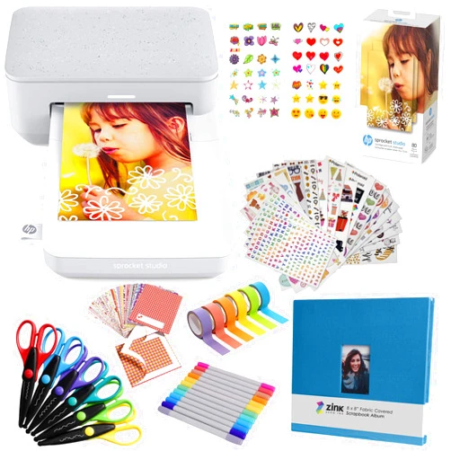 HP Sprocket Studio Plus 4x6” Instant Photo Printer – Bundle: Photo Album, Markers, Photo Paper, and Stickers., White