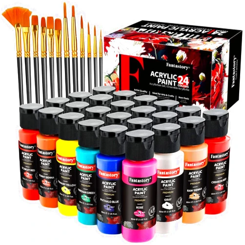 Fantastory Acrylic Paint Set, 24 Classic Colors(2oz), Professional Craft Paint Kit,Canvas/Rock/Stone/Ceramic/Model/Wood Painting with 12 Brushes