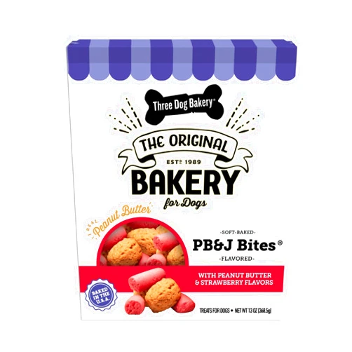 Three Dog Bakery Soft Baked PB&J Bites, Peanut Butter & Strawberry Flavor, Premium Treats for Dogs, 13 Ounce Box, brown (320035)