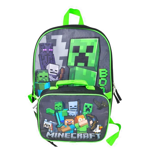 Minecraft Creeper 16 Inch Kids Backpack with Lunch Bag