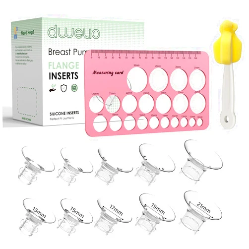 Dwelio Flange Sizing Kit with 10PCS Silicone Flange Inserts 13/15/17/19/21mm & Nipple Measurement Tool & Cleaning Brush, Breast Pump Flange Insert Kit for 24mm Most Pumps, Breastfeeding Essentials