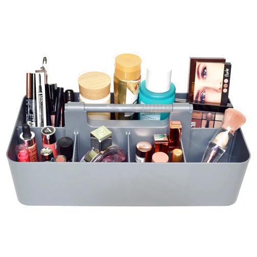 Enjoy Organizer New Plastic Portable Makeup Organizer Caddy Tote Divided Basket Bin with Handle, for Bathroom Storage - Holds Blush Makeup Brushes, Made In USA (Orion Gray)