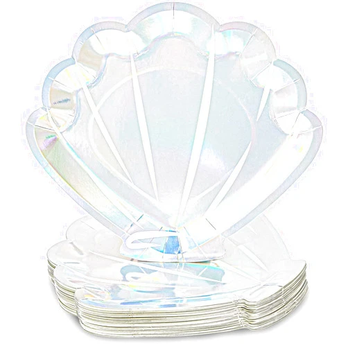 Sparkle and Bash 48 Pack Holographic Seashell Paper Plates for Girls Mermaid Birthday Party Supplies - 9 Inch Silver Foil Sea Shell Plates