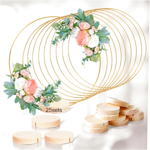 GUDELAK 25Pcs 12 Inch Floral Hoop Centerpiece Table Decorations, Metal Gold Center Pieces Decoration for Table with Wood Round Base, Table Centerpieces for DIY Wedding Decor Wall Hanging Crafts