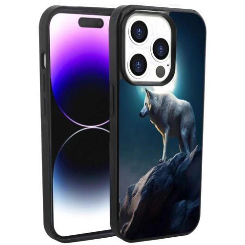 DeweiDirect Phone Case for iPhone 14 Pro Max with Wolf Art Print JX075 Black Slim Rubber Frame Full Body Protection Cover Case for iPhone 14 Pro Max Drop Protection