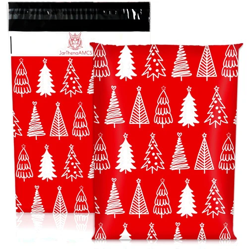 JarThenaAMCS 100Pcs Christmas Poly Mailers 10 x 13 Inch Red Xmas Pine Tree Envelope Mailers Self-Sealing Plastic Packaging Mailing Bags For Small Business Clothing