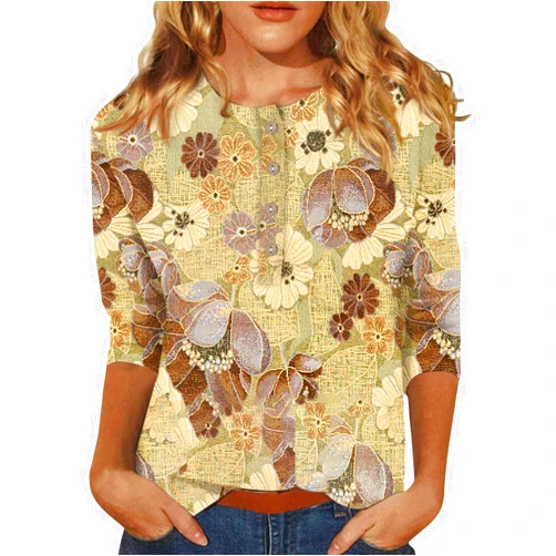 Yesunpxs Blouses for Women, Women's Round Neck 3/4 Sleeve Summer Vacation T Shirts Flower Printing Plus Size Blouses Tops