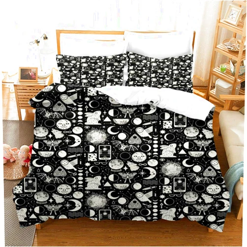 REALIN Divination Series Duvet Cover Set Tarot Bedding Cartoon Little Pattern Bed Sets 2/3/4PCS Quilt Covers/Sheets/Pillow Shams,Twin/Full/Queen/King (G,Full-200x229cm-4PCS)