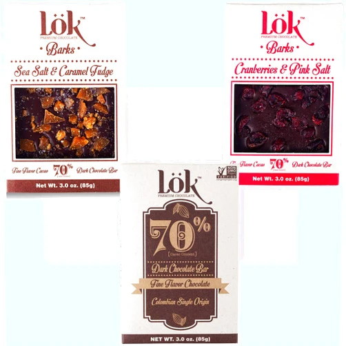 LöK Lok Variety Pack Mixed Chocolate Bars Lök | 70% Cacao, Cranberries & Pink Salt, Sea Salt and Caramel Fudge | Non-GMO, Vegan, Kosher, Gluten-Free, Bean-to-Bar | 3.0 Ounce 3 Pack