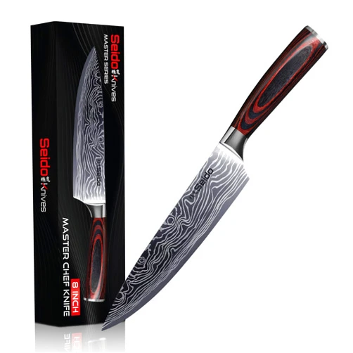 Seido Knives Master Chef Knife Japanese Handmade High Carbon Steel 8 inch - Perfectly Well-Balanced Pakka Wood Handle Kitchen Slicing Knife Razor-sharp Blade Precision Cutting