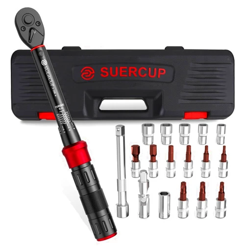 SUERCUP 1/4-Inch Drive Click Torque Wrench, 18 PCS Bike Torque Wrench Set 3-25Nm, Dual-Direction Adjustable 72 Tooth Click Torque Wrench, Used for Bicycle Maintenance