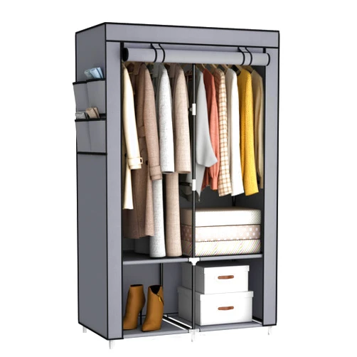 MOGELAFOO 35 Inch Portable Wardrobe Closet for Small Room, Clothing Organizer Storage Rack with Non-Woven Fabric Cover, 2 Clothes Hanging Rods, 4 Storage Shelves and Side Pockets, Grey