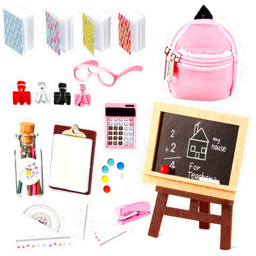 Civaner 18 Piece Mini School Supplies for Dolls, Doll House School Supplies Accessories Includes Backpack Glasses Blackboard Mini Book Palette Paper Clipboard Clamp Ruler Scissors Calculator Set
