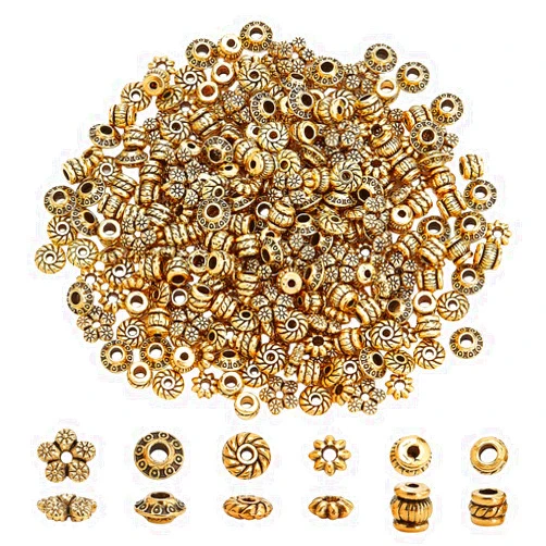 PH PandaHall 300pcs Tibetan Spacer Beads, 6 Style Antique Golden Spacers Alloy Metal Tube Beads Flower Flat Rondelle Small Loose Beads for Bracelet Necklace Earring Jewelry Making Supplies