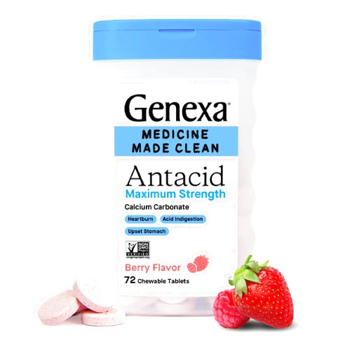Genexa Clean Antacid Maximum Strength Chewable Tablets, Dye Free, 0% Artificial Additives, Calcium Carbonate Relief for Heartburn, Acid Indigestion, & Upset Stomach, Organic Berry Flavor, 72 ct