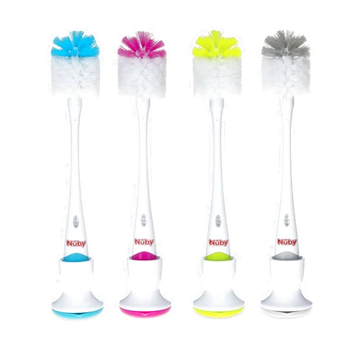 Nuby 2 in 1 Bottle and Nipple Brush with Stand, 1 Pack, Colors May Vary