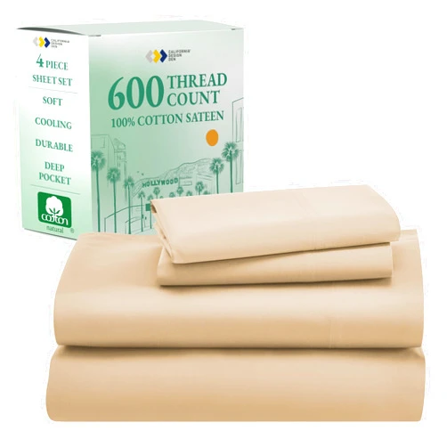 California Design Den King Size Sheets Set 600 Thread Count, 100% Cotton Sateen, Soft, Cooling King Size Bed Sheets, Hotel-Quality Bedding Sheets & Pillowcases (Tan-Beige)