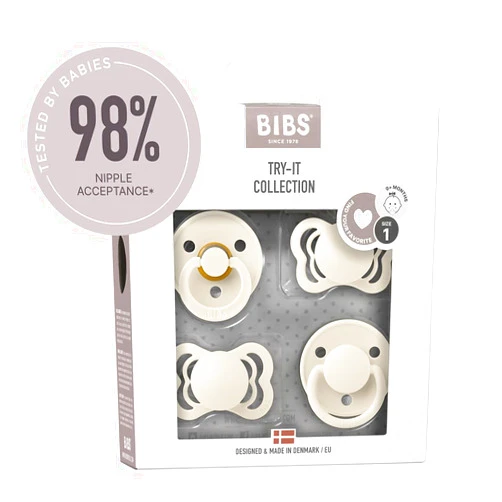 BIBS Try-It Collection | 4-Pack Soothers | BPA-Free Round, Anatomical & Symmetrical Nipple | Natural Rubber Latex/Silicone | Made in Denmark | 0-6 Months | Ivory