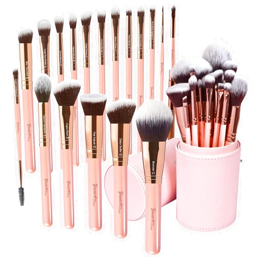 Bueart Design 16Pcs ULTRA SOFT Labeled Makeup Brushes set with Travel Holder case face Foundation Cream brushes (18Pcs Pearl Pink+Holder)