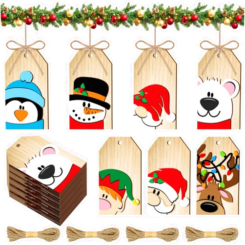 JarThenaAMCS 35Pcs Christmas Wooden Tag Labels Cartoon Santa Reindeer Snowman Gnome Hanging Ornaments with Hemp Rope for Winter Xmas Party Supplies, 7 Designs